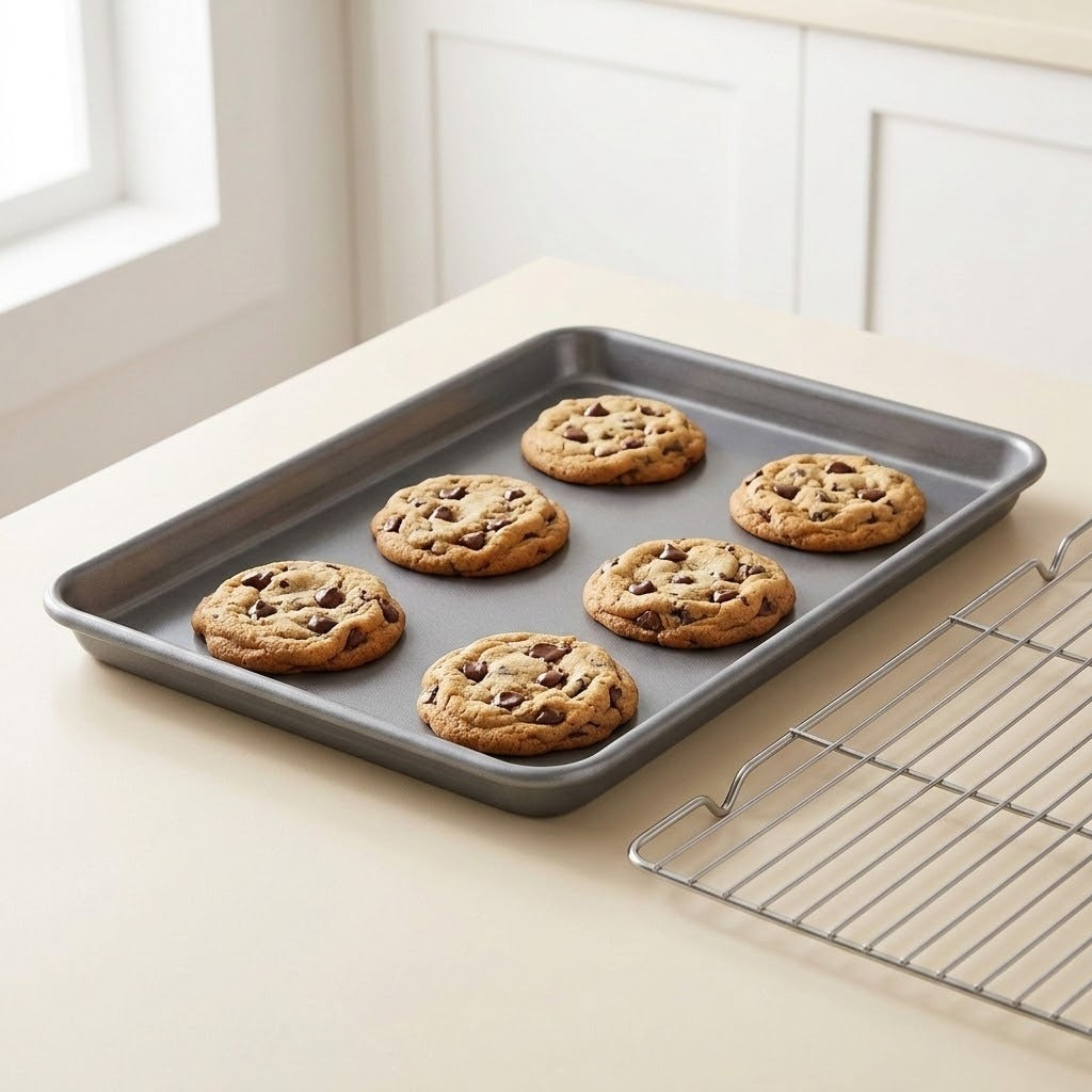 A dark gray metal baking sheet holding six chocolate chip cookies on a light beige countertop, with a wire cooling rack beside it and a softly blurred kitchen background.