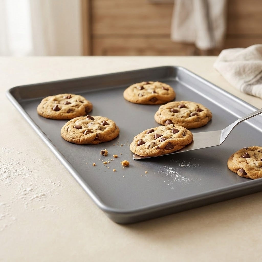 A dark gray metal baking sheet holding several chocolate chip cookies on a light beige countertop, with a metal spatula lifting one cookie. The background is softly blurred with a wooden surface and a white cloth.