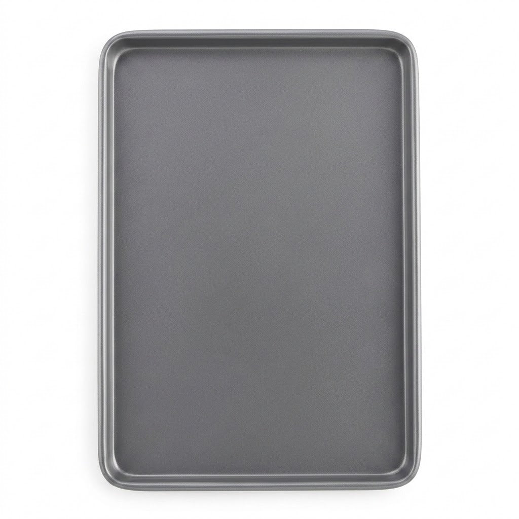 A dark gray rectangular baking sheet with raised rounded corners, shown from a top-down perspective on a clean white background.