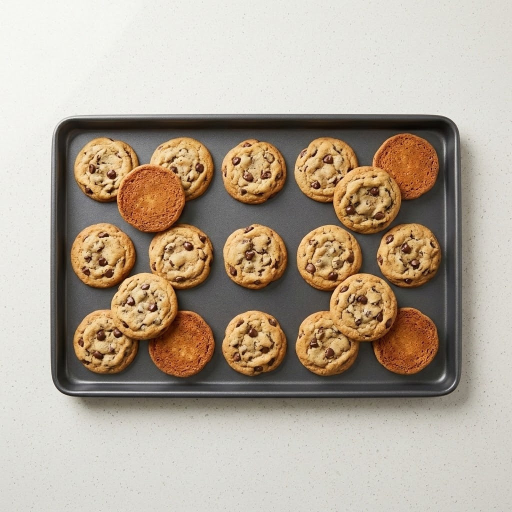 A dark gray rectangular baking sheet holding 15 chocolate chip cookies, arranged in three rows of five, on a light gray speckled countertop.