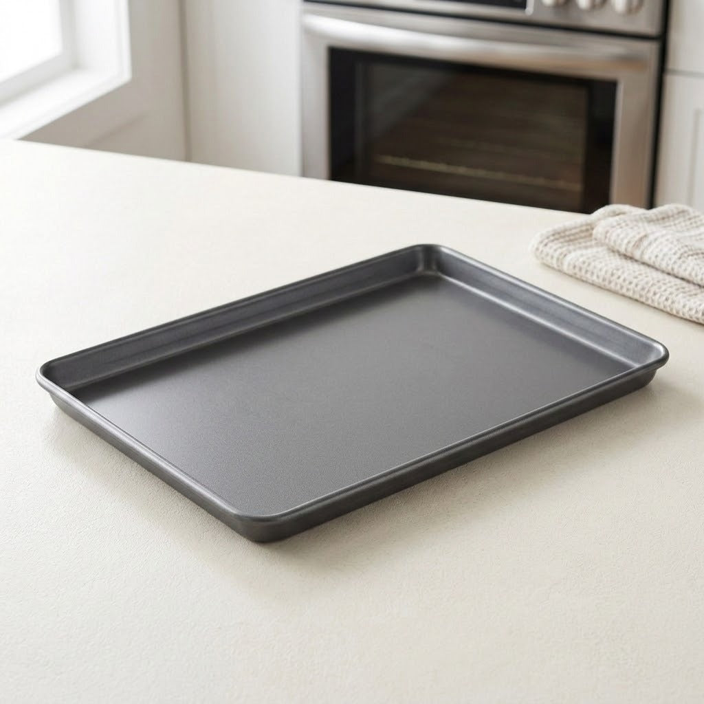 A dark gray rectangular baking sheet resting on a light beige countertop in a kitchen setting, with a stainless steel oven and a folded white towel in the background.