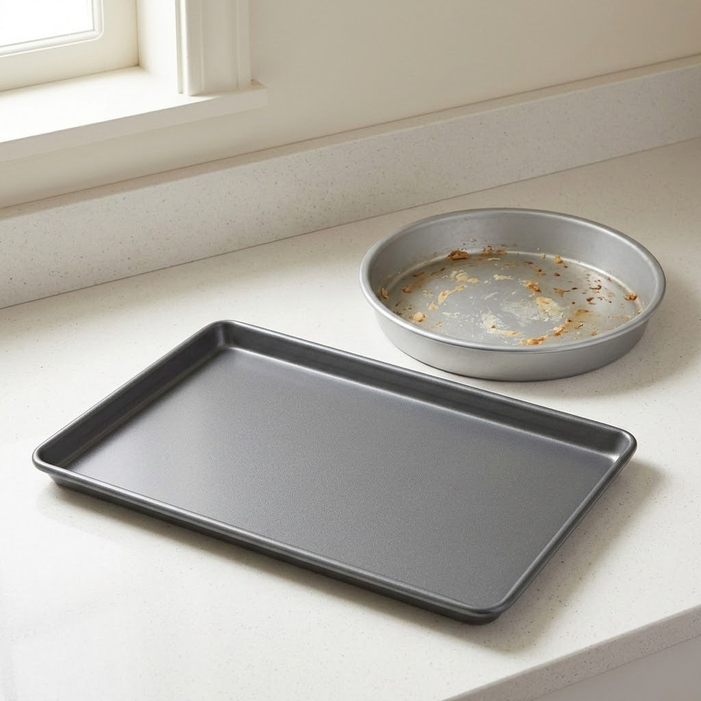 A dark gray rectangular baking sheet and a round silver metal pie pan resting on a light beige countertop near a window.