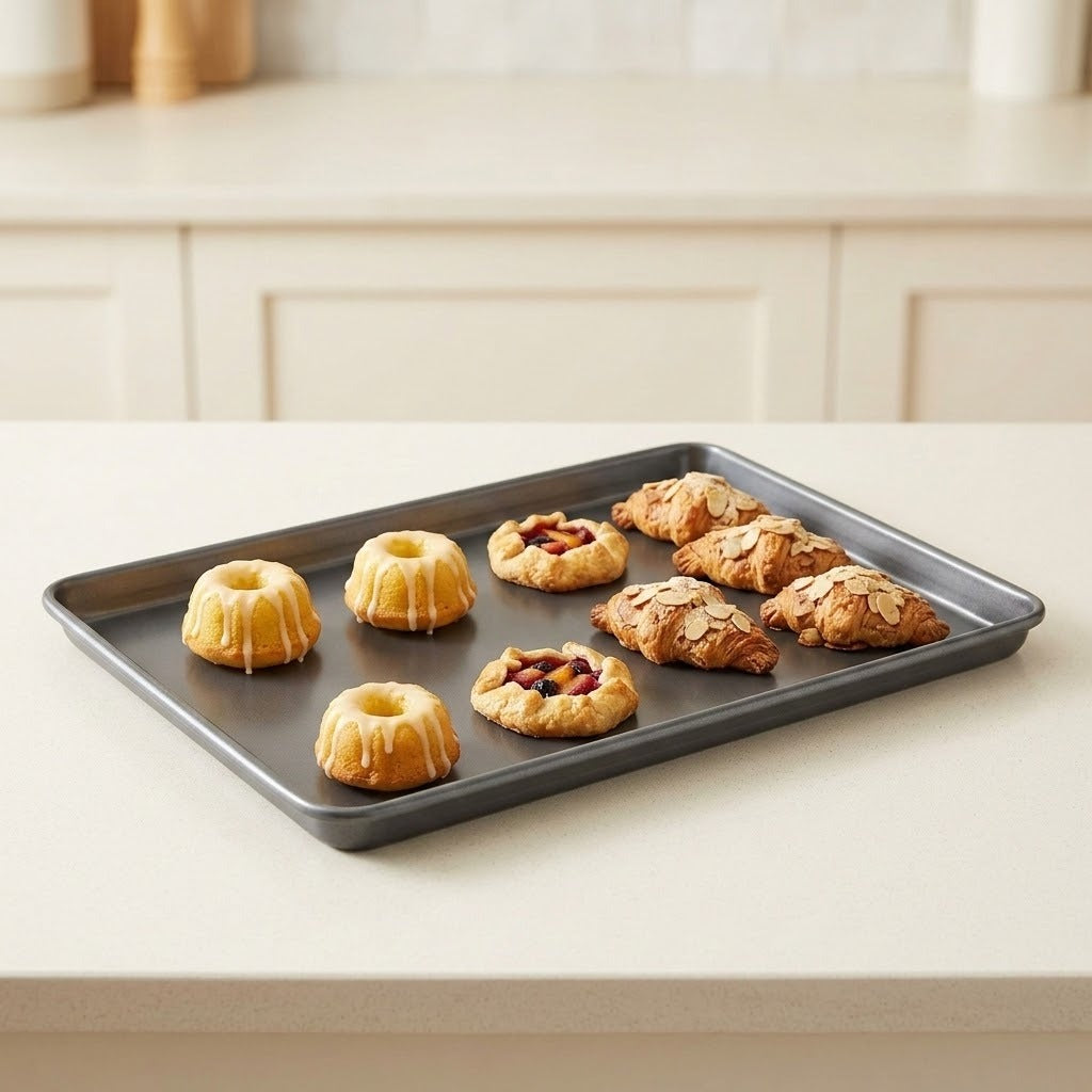A dark gray rectangular baking sheet holding six baked pastries, including two ring-shaped pastries with glaze and four almond pastries with fruit filling, set on a light beige countertop in a kitchen.
