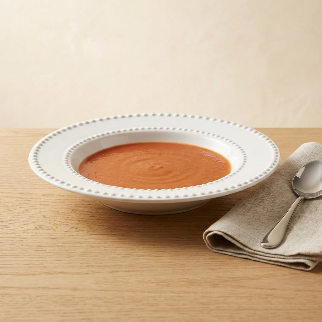 A white ceramic soup bowl with a beaded rim, filled with orange-red soup, set on a light wood table next to a folded beige napkin and a silver spoon.