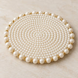 White Pearl Beaded Coaster shown alone highlights its intricate pearl and gold bead border.
