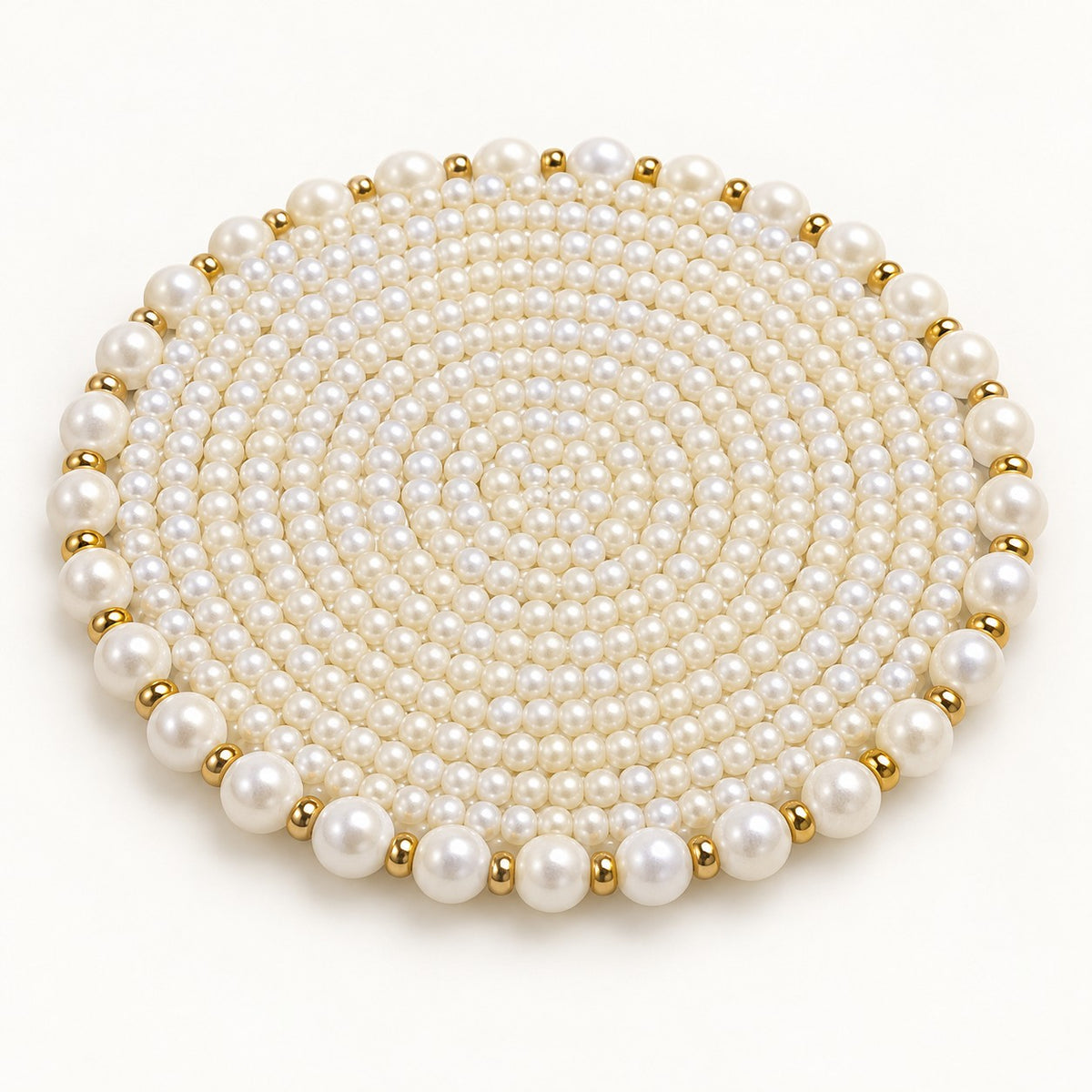 White Pearl Beaded Coaster centered on a pale ivory studio backdrop.