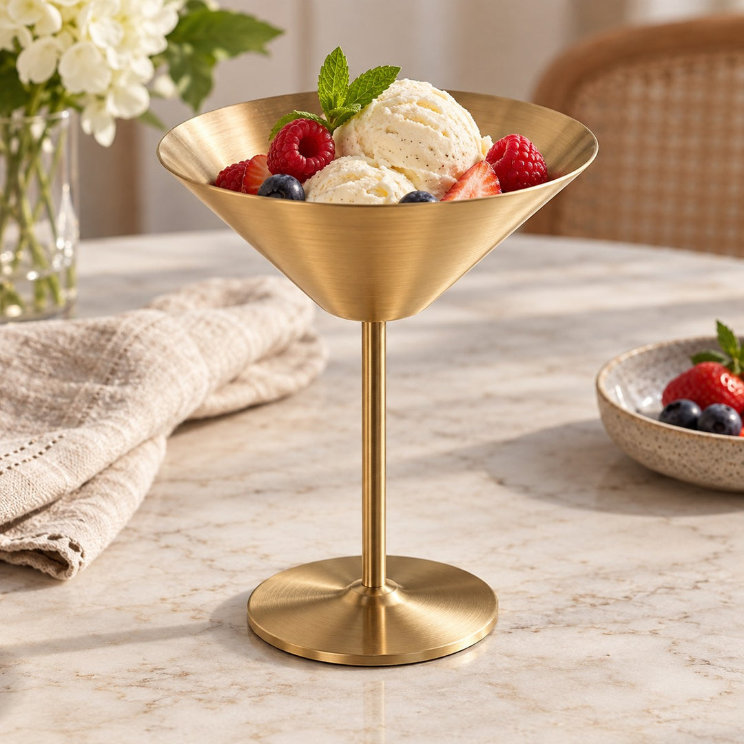 Gold Stainless Steel Martini Cup serves a neat individual ice cream dessert with berries at the table.