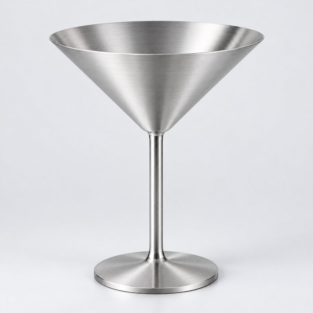 Silver Stainless Steel Martini Cup stands centered against a soft silver gray studio backdrop.