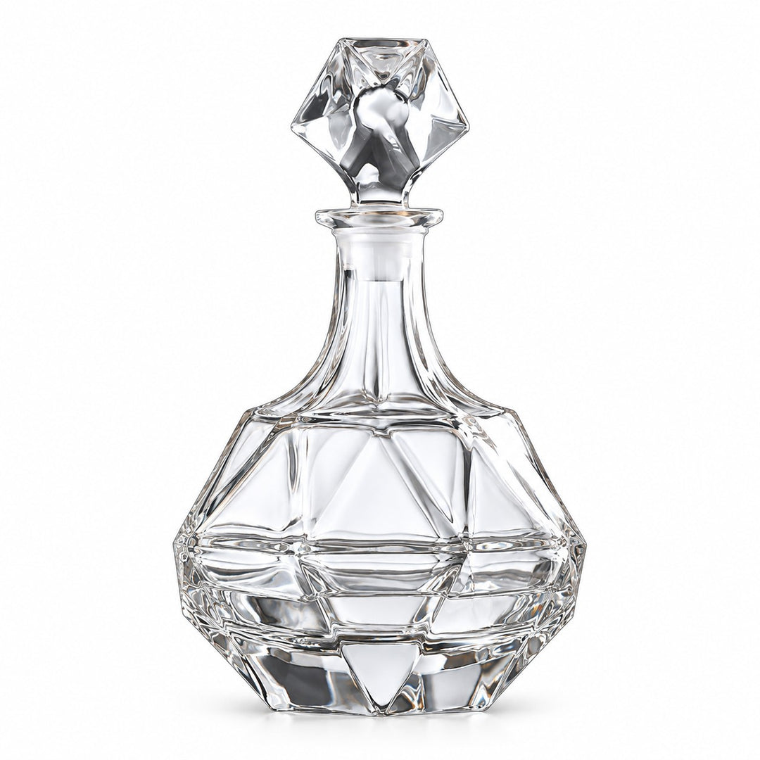One empty Diamond Square glass whiskey decanter with its square stopper stands on white.