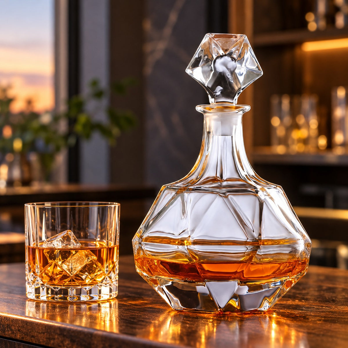 Diamond Square glass whiskey decanter pours amber whiskey beside a tumbler on a home bar.