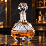 Diamond Square glass whiskey decanter displays amber whiskey through its sharply cut facets.