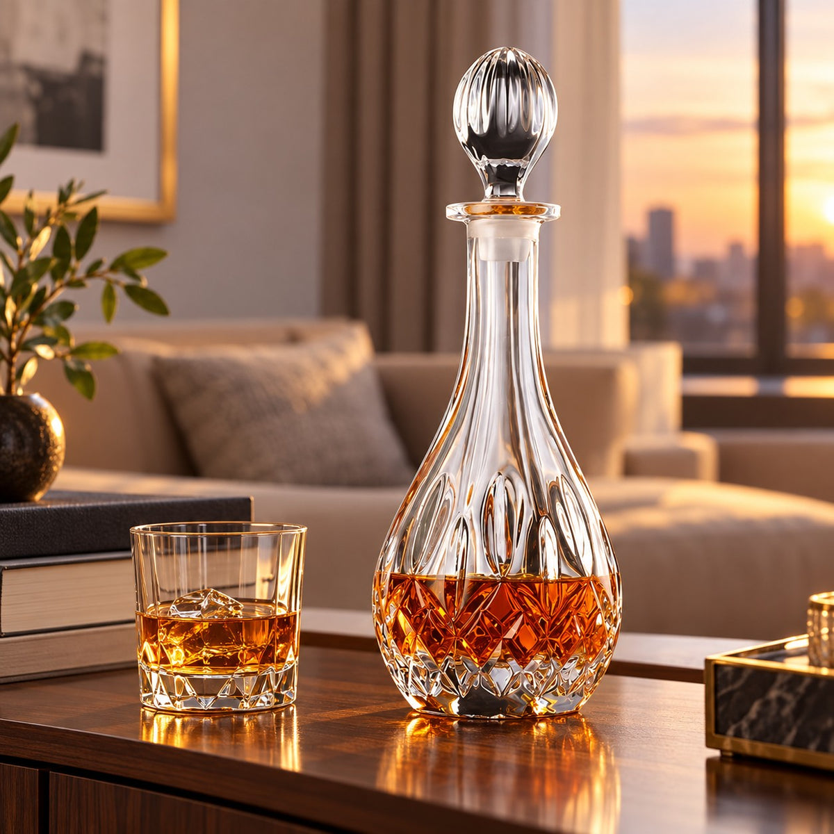 Diamond Teardrop glass whiskey decanter sits beside a tumbler on a living-room sideboard.