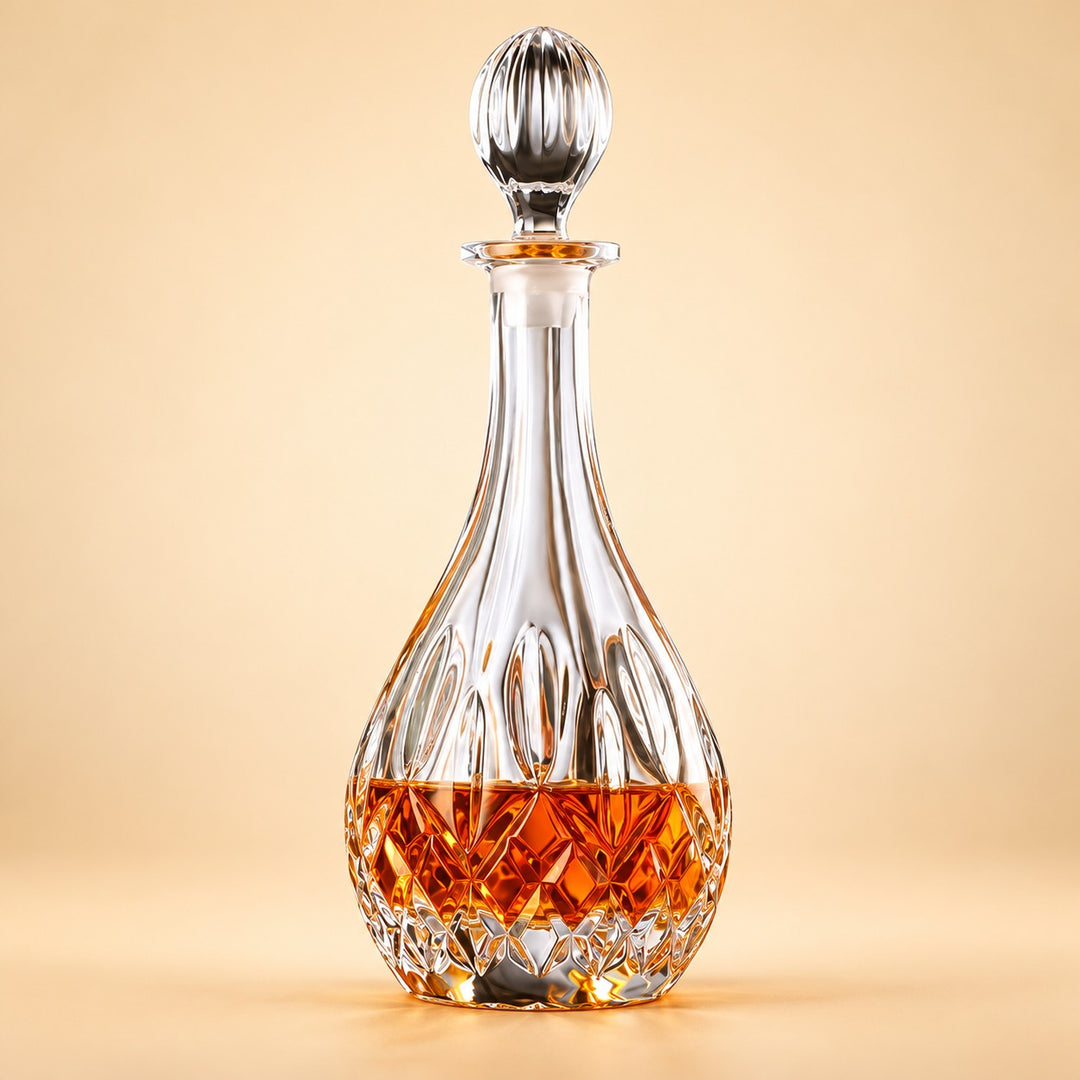 Diamond Teardrop glass whiskey decanter with fluted stopper on a pale warm backdrop.