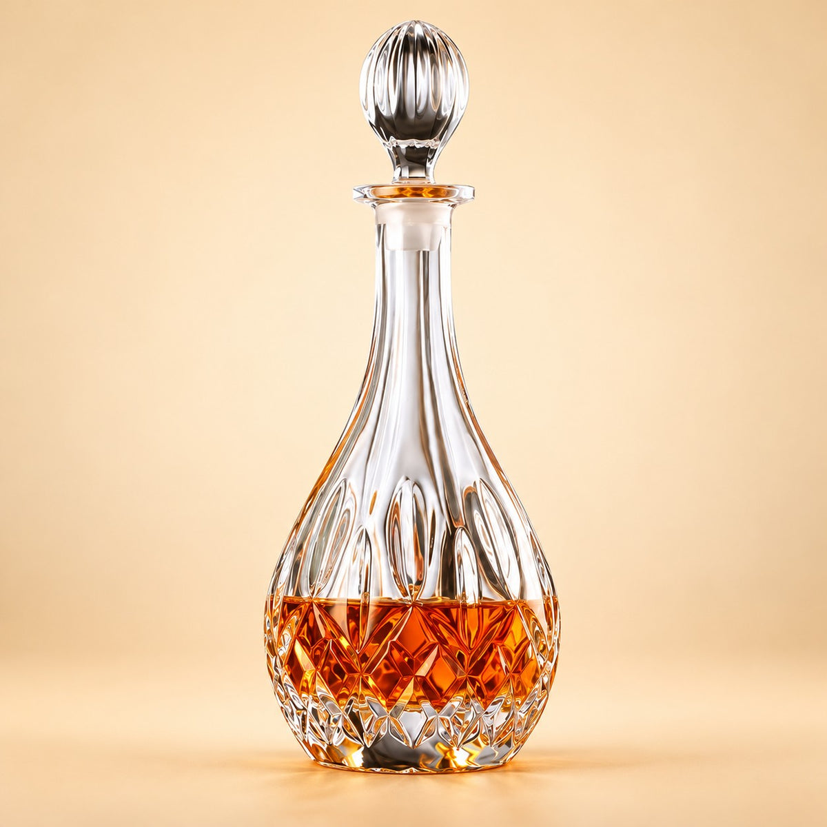 Diamond Teardrop glass whiskey decanter with fluted stopper on a pale warm backdrop.