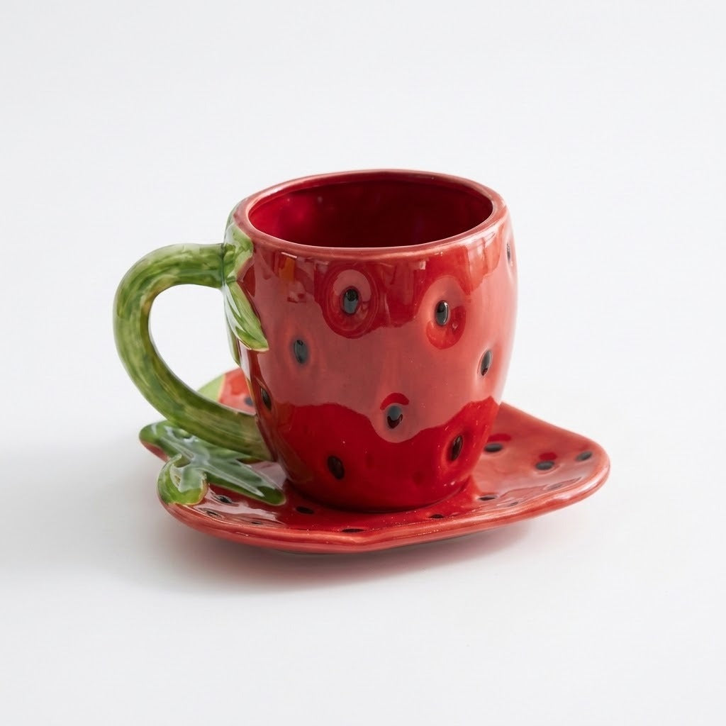 A red strawberry-themed ceramic cup with a matching saucer, featuring green leafy stems and black seed details, photographed on a clean white background.