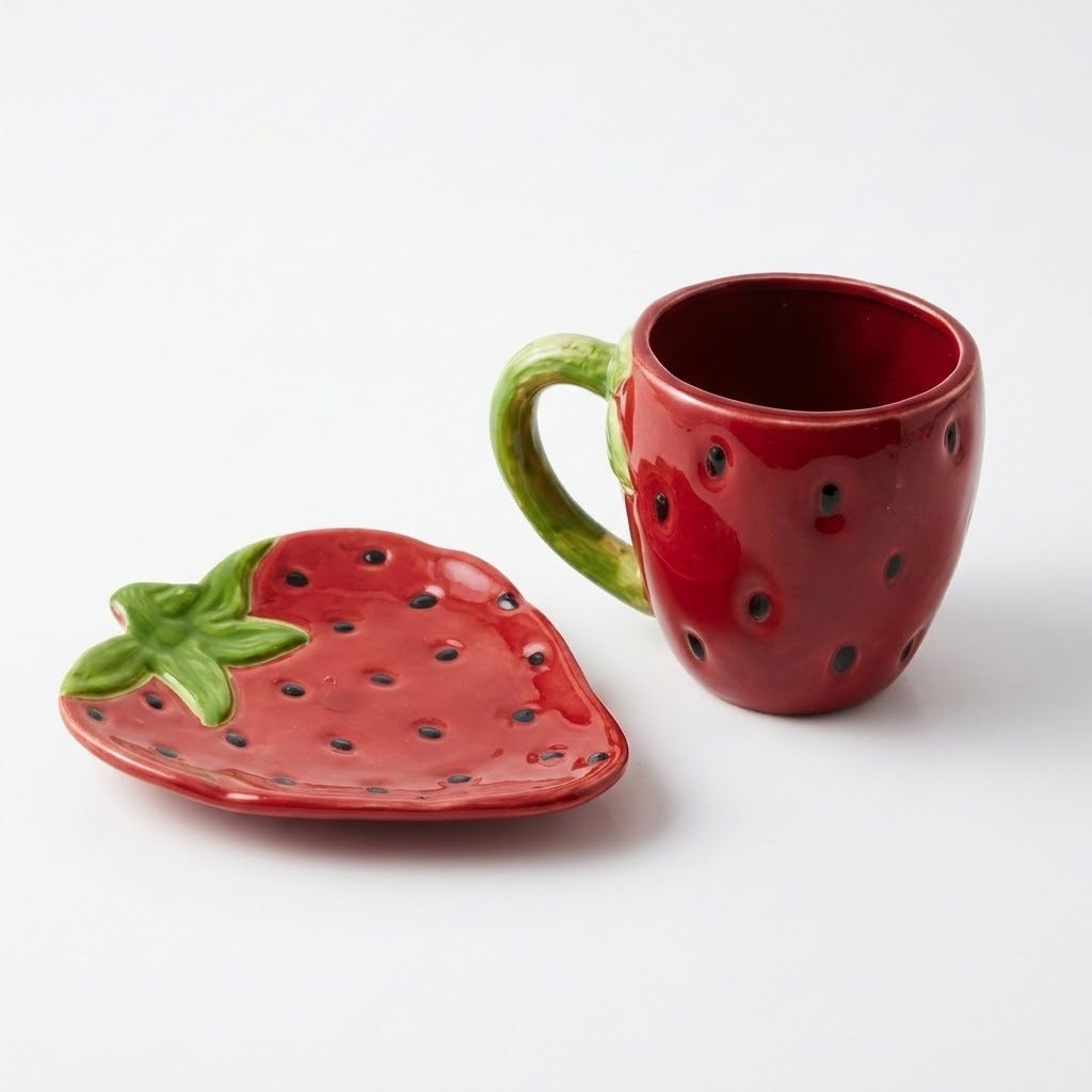 A red strawberry-shaped ceramic mug with a green handle and a matching strawberry-shaped saucer, photographed on a clean white background.