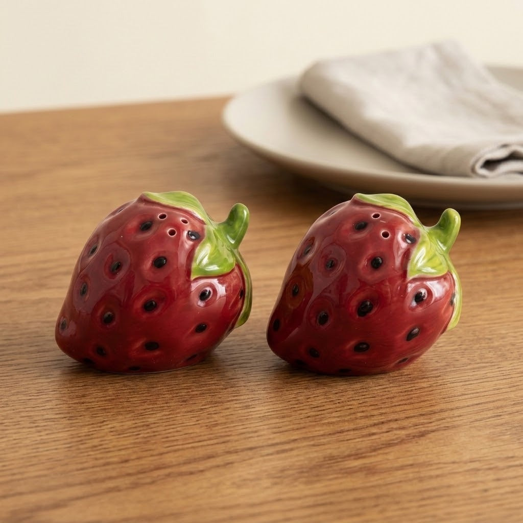 Two strawberry-shaped salt and pepper shakers with glossy red bodies, green leafy tops, and black seed details, placed on a wooden tabletop with a blurred plate and napkin in the background.