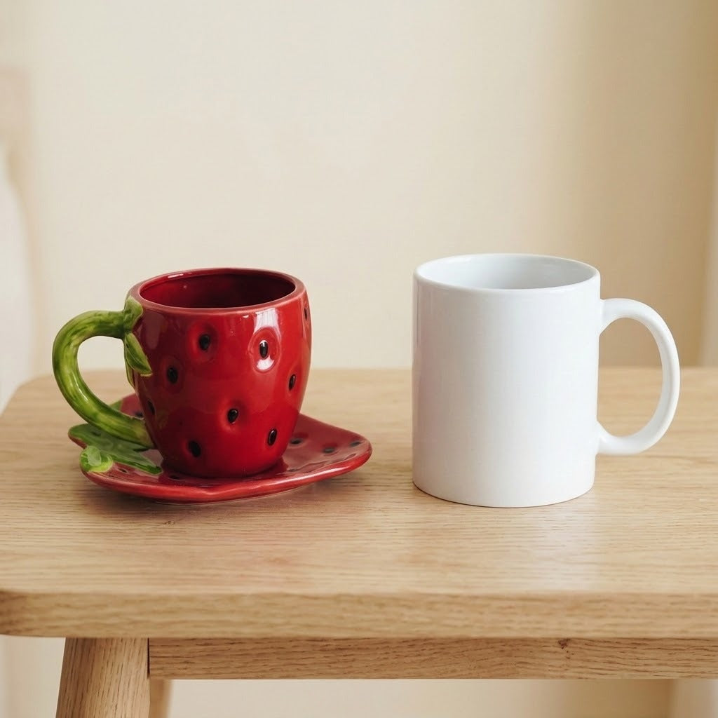 A red strawberry-themed ceramic cup with a green handle and stem sits on a matching saucer on a wooden table, next to a plain white ceramic mug.