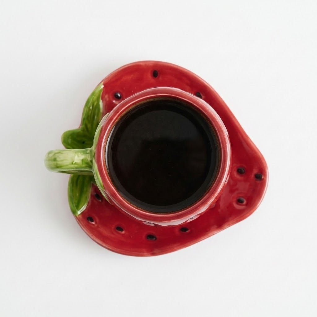 A strawberry-shaped ceramic cup and saucer set, shown from a top-down view. The cup is filled with a dark beverage, and the saucer features small black polka dots and a green handle and stem.