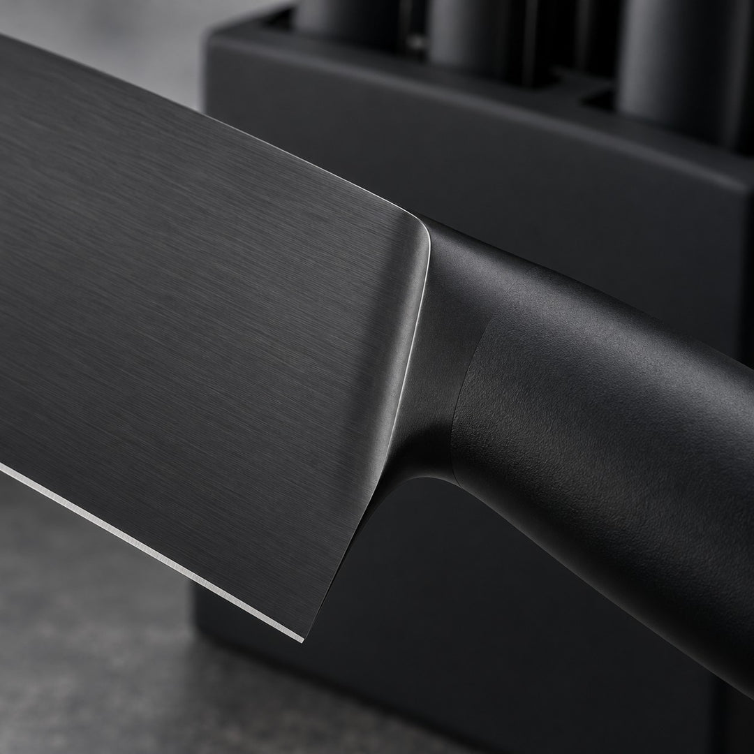 A close-up shows the dark stainless steel knife blade and smooth black handle finish.