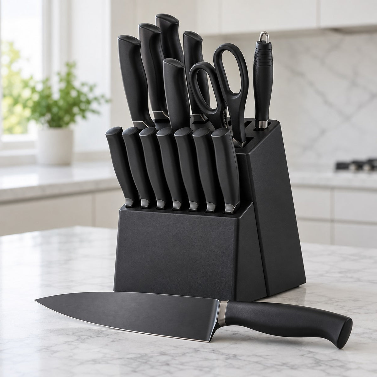 The matte black knife set stores its matching knives and accessories together in a countertop block.