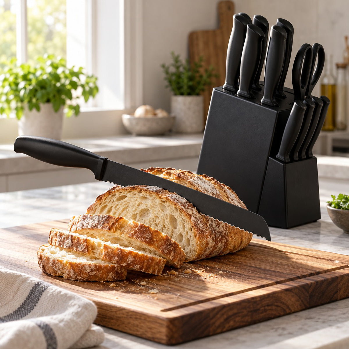 A black kitchen knife from the set slices a crusty loaf beside the matching knife block.