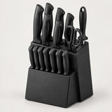 The complete black 15-piece kitchen knife set is centered on a light studio background.