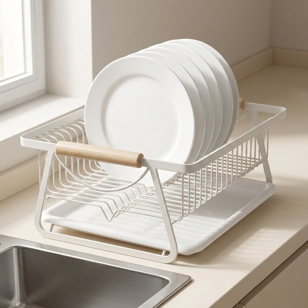 A white wire dish drying rack with a light wood handle, holding several white plates, set on a beige kitchen countertop next to a sink.
