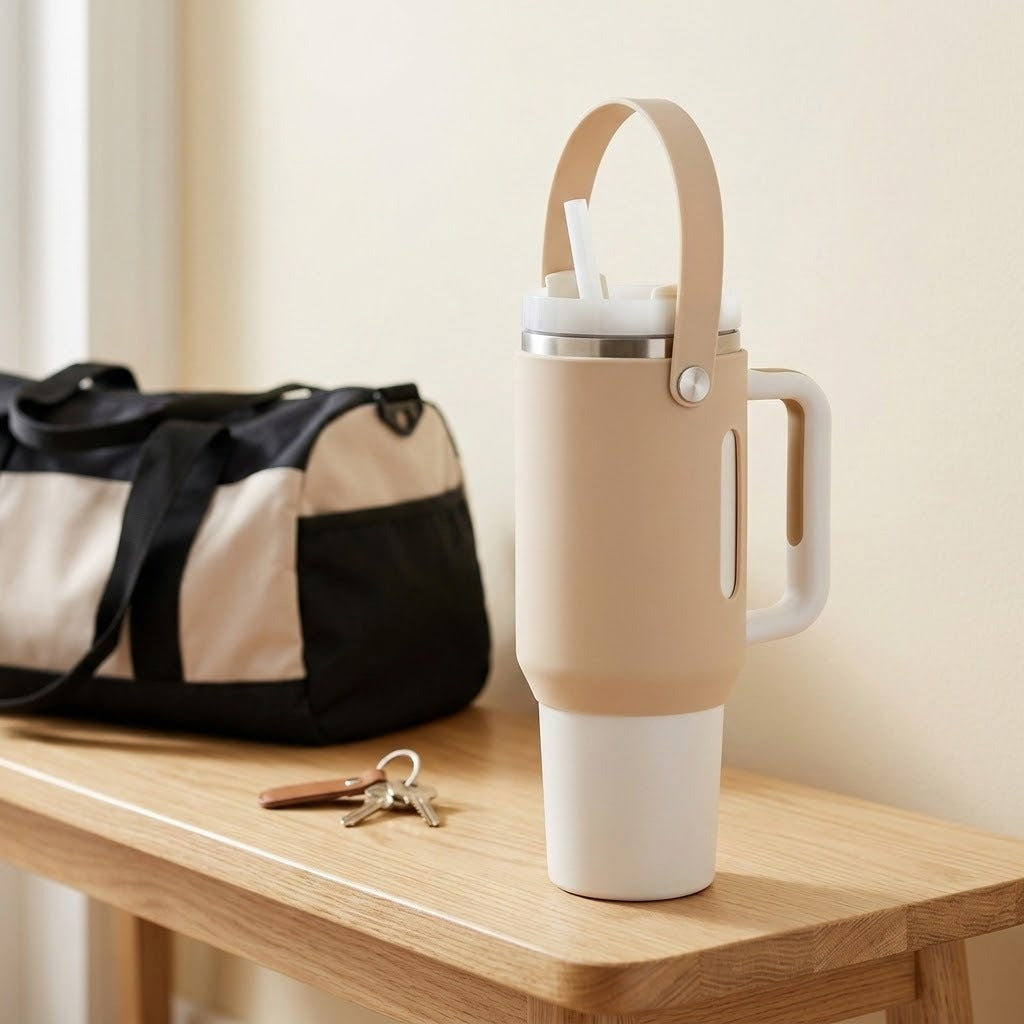 A beige and white insulated travel tumbler with a carry loop and handle sits on a wooden table next to a black and beige duffel bag and a set of keys.