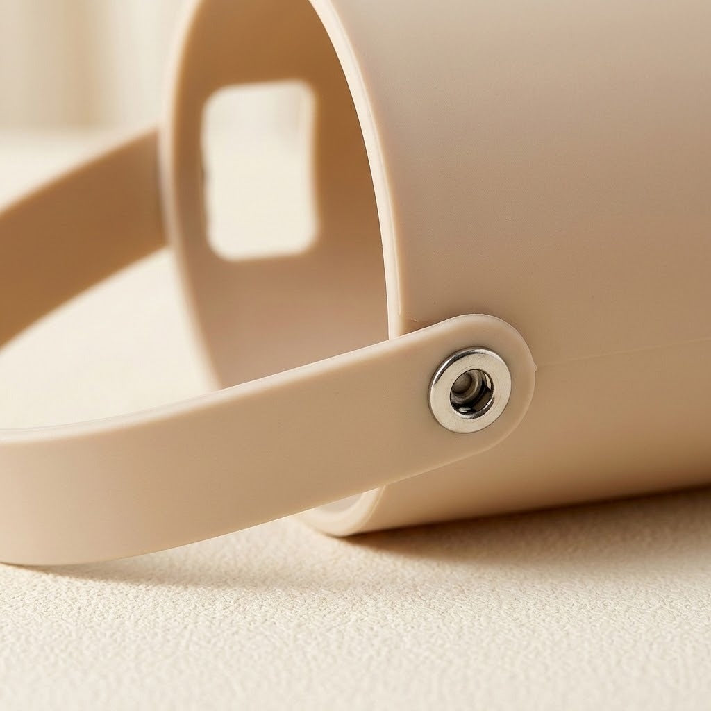 Close-up of a beige plastic container with a matching handle and a silver metal rivet, resting on a textured beige surface.