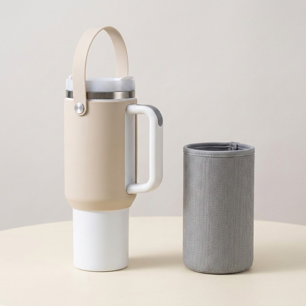 A beige insulated travel tumbler with a white handle and base, shown next to its gray fabric sleeve on a light beige surface against a neutral background.
