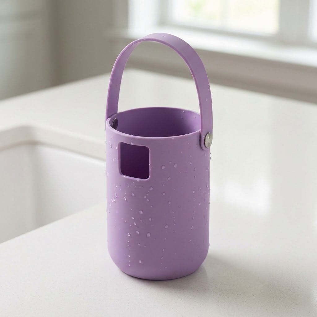 A purple silicone cup with a matching carrying handle, shown on a white countertop with water droplets on its surface. The cup features a square cutout on the front and a small metal rivet holding the handle.