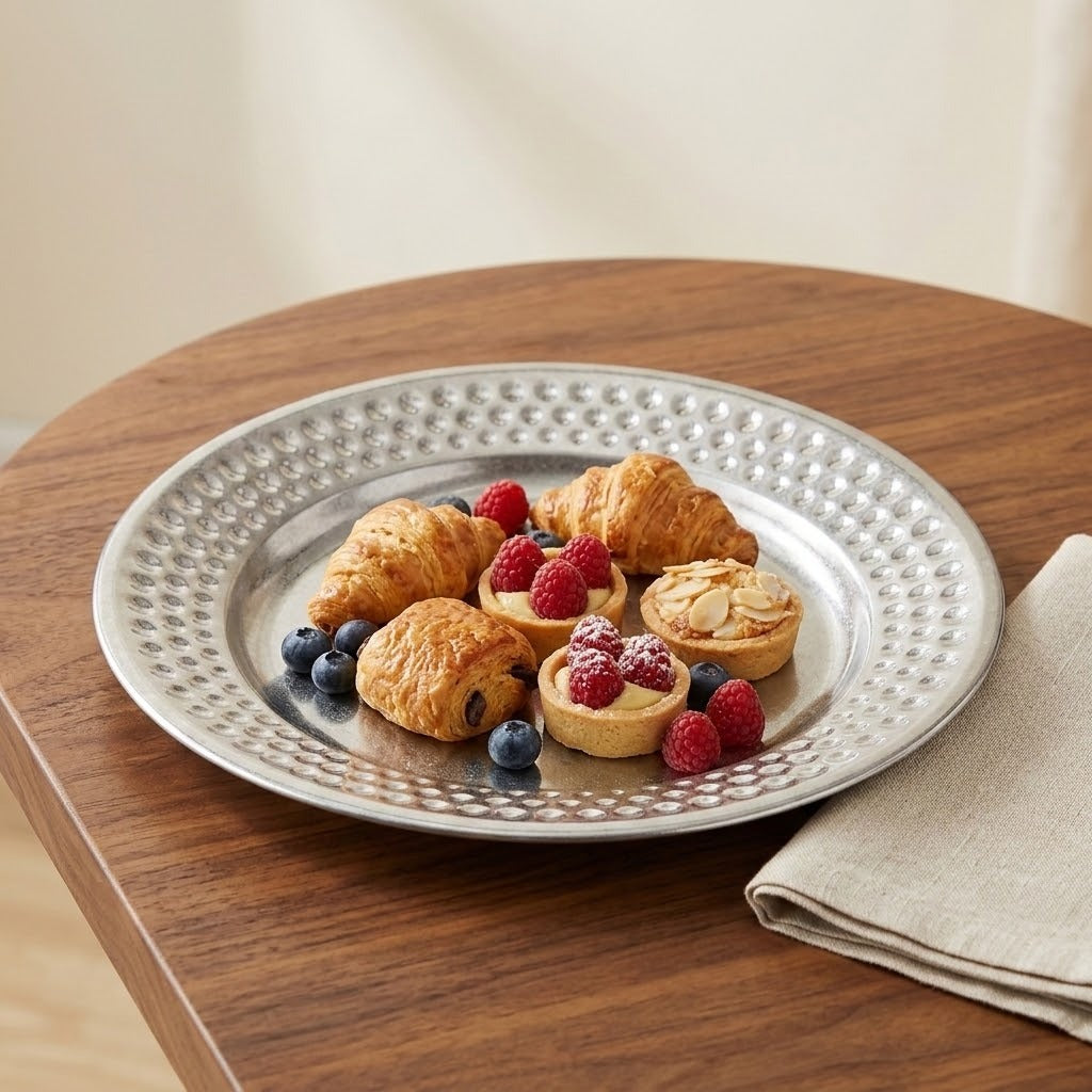 A round silver plate with a textured, dimpled border sits on a wooden table, filled with pastries including croissants, berry tartlets, and blueberries, with a folded beige napkin beside it.