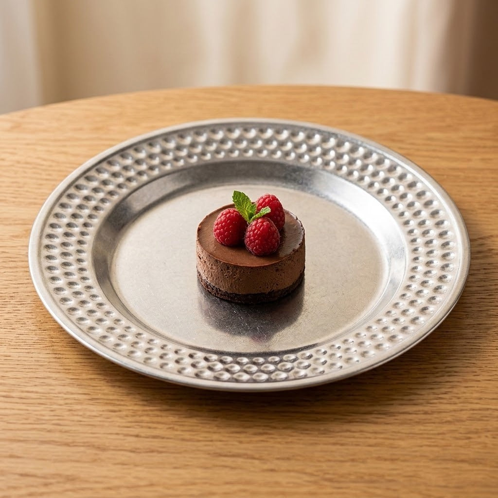 A small chocolate dessert topped with two raspberries and a mint leaf, served on a hammered silver plate set on a wooden table.