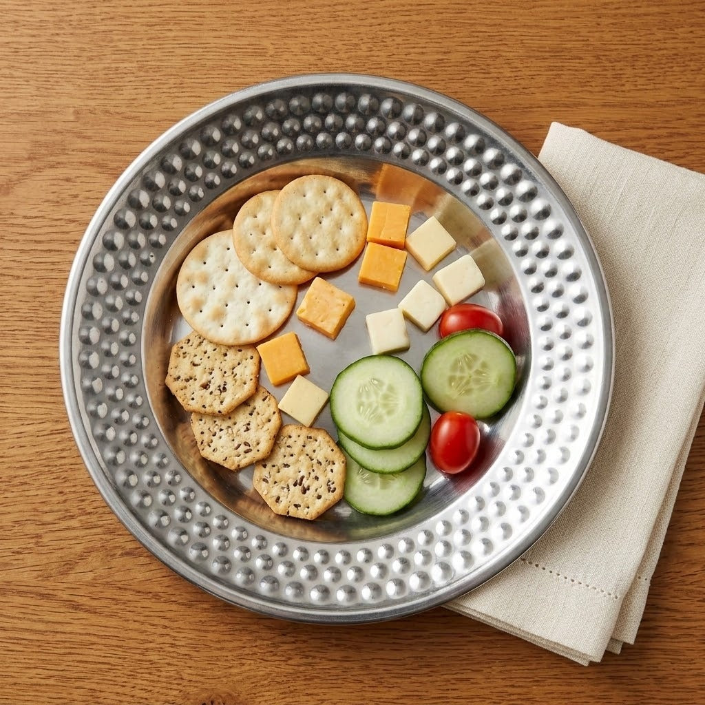 A hammered silver metal serving platter filled with crackers, cheese cubes, cucumber slices, and cherry tomatoes, placed on a wooden table next to a folded cream napkin.