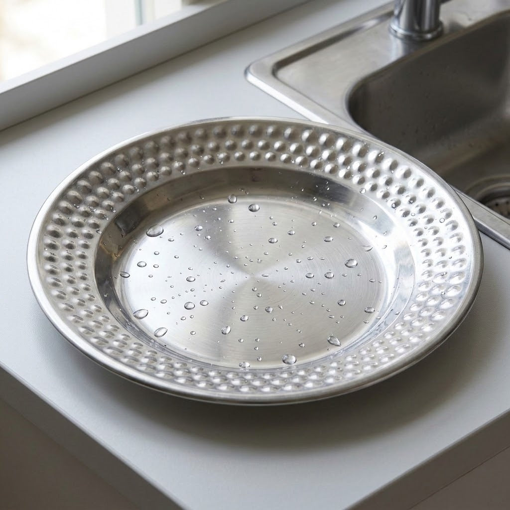 A round hammered stainless steel plate with water droplets on it, resting on a white kitchen counter next to a sink.