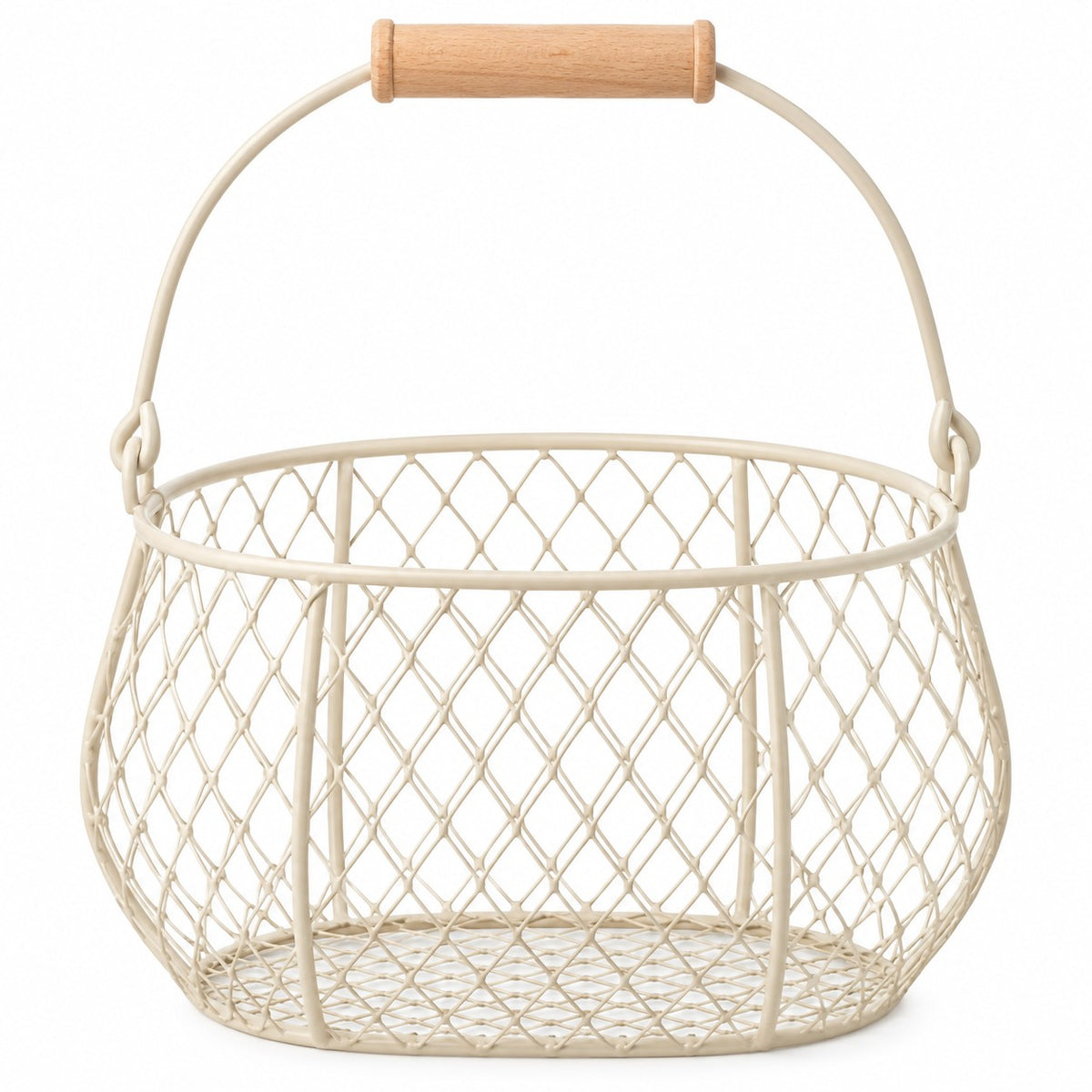 One beige Wire Basket with Wood Handle stands alone against a clean white backdrop.