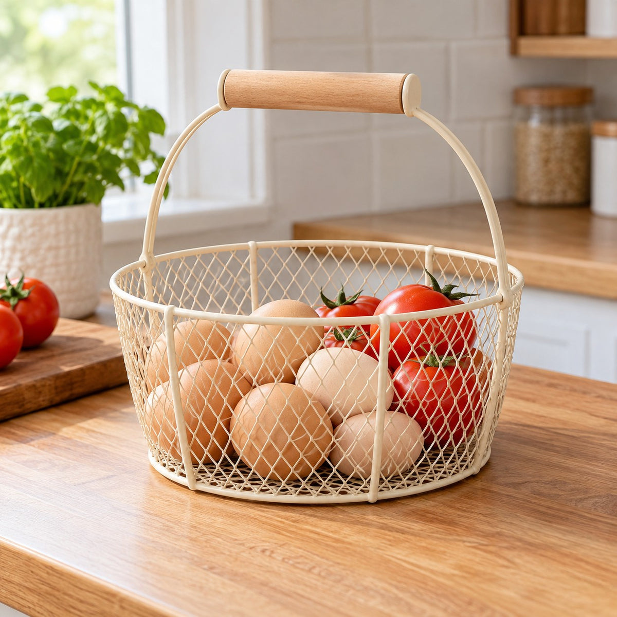 Wire Basket with Wood Handle gathers eggs and tomatoes neatly on a kitchen counter.