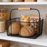 Black Wire Basket with Wood Handle keeps bread and snacks visible on a pantry shelf.