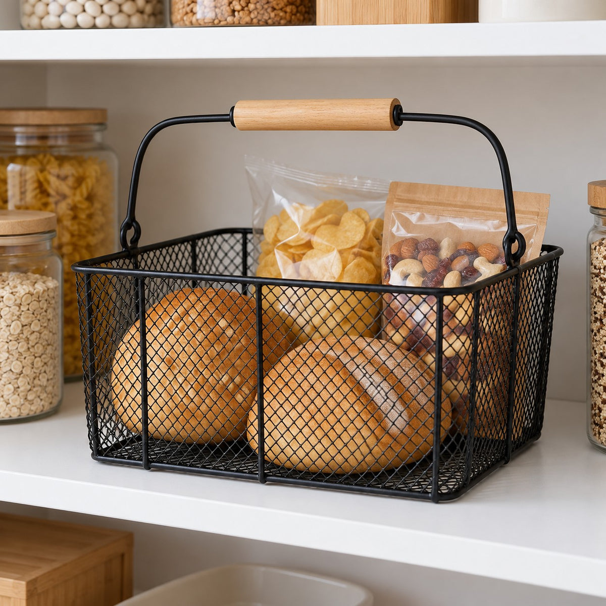 Black Wire Basket with Wood Handle keeps bread and snacks visible on a pantry shelf.