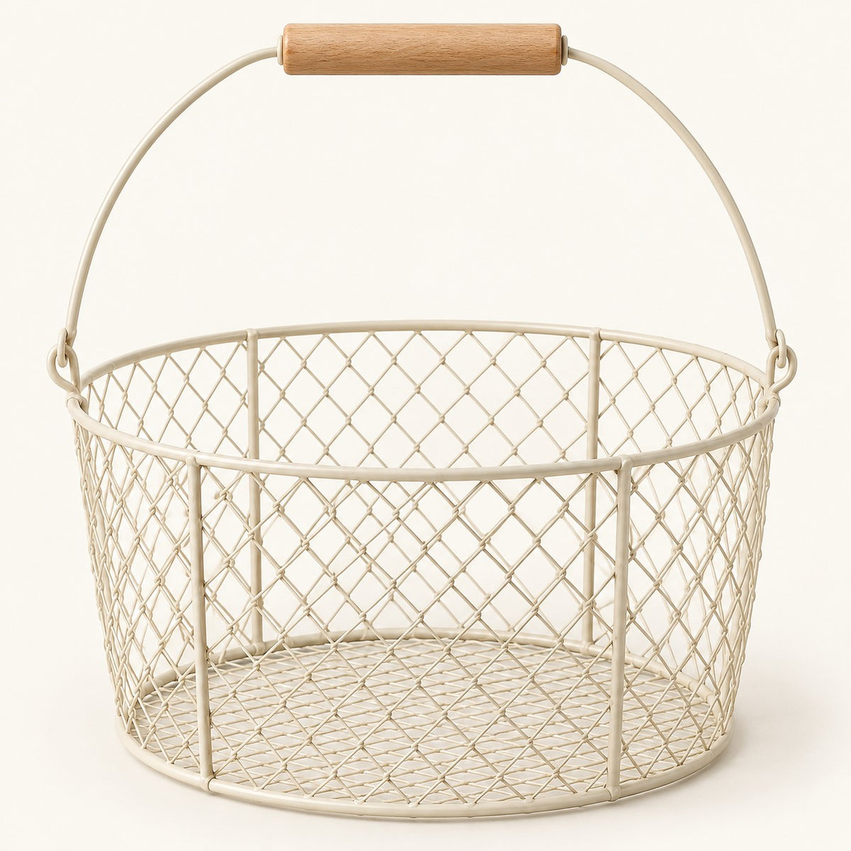 Beige Wire Basket with Wood Handle shown empty against a soft cream studio background.