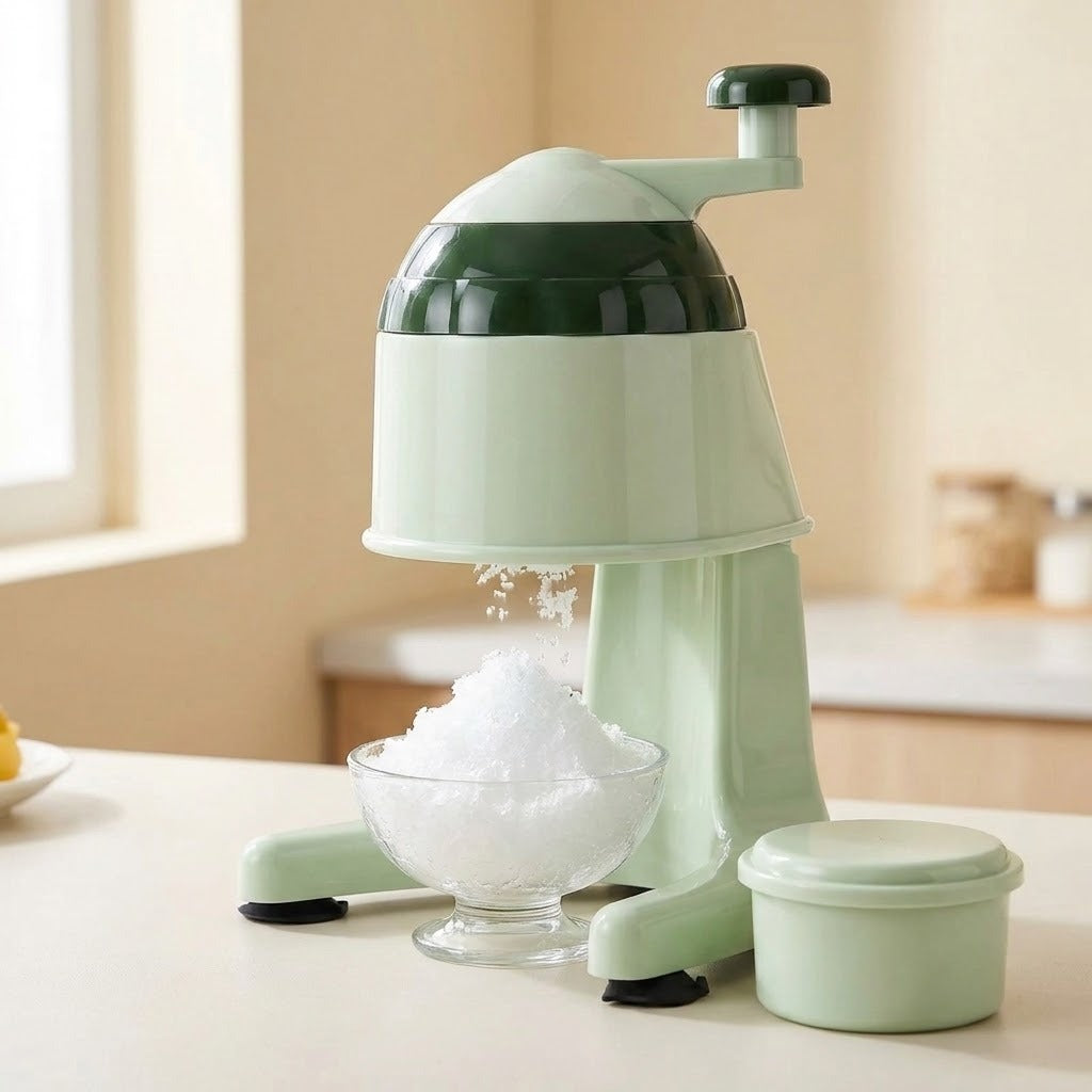 A mint green and dark green manual ice shaver sits on a kitchen counter with crushed ice falling into a glass bowl, alongside a small storage container.