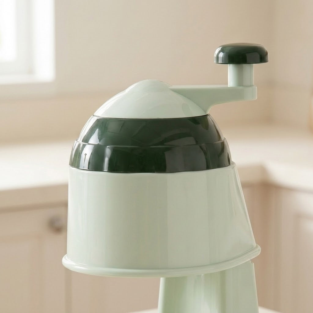 A close-up of a countertop kitchen appliance with a pale mint green body and dark green accents, including the lid and handle, set against a softly blurred kitchen background.