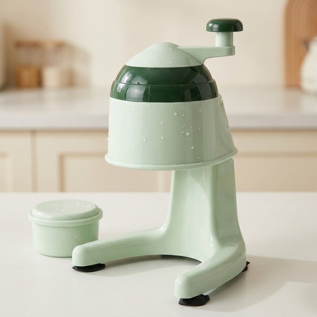 A mint green and dark green manual citrus juicer with a matching small container, set on a white countertop in a softly blurred kitchen background.