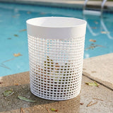 A white cylindrical plastic mesh trash can with a solid white rim, placed on a concrete poolside deck with a swimming pool in the background.