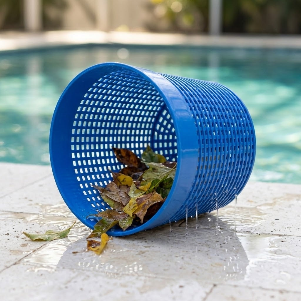 A blue plastic pool skimmer basket tipped on its side on a tiled swimming pool deck, with dry leaves and debris spilling out into the water.