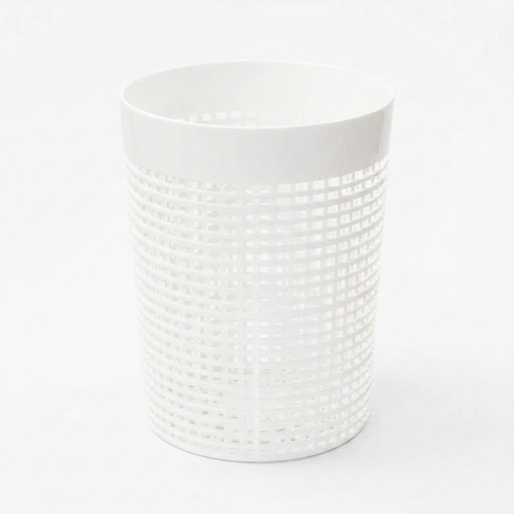 A white cylindrical plastic basket with a textured grid pattern, shown on a seamless white background.