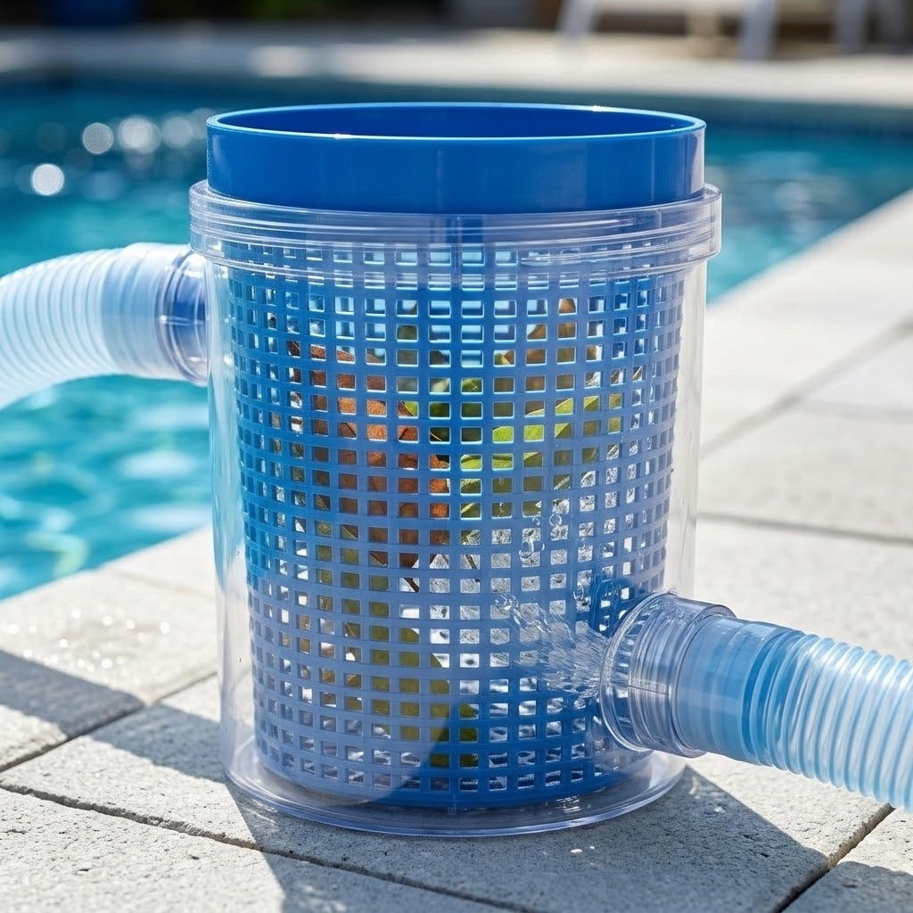 A pool skimmer basket with a blue top rim and clear plastic body, shown outdoors beside a swimming pool with water flowing through the side tubes.