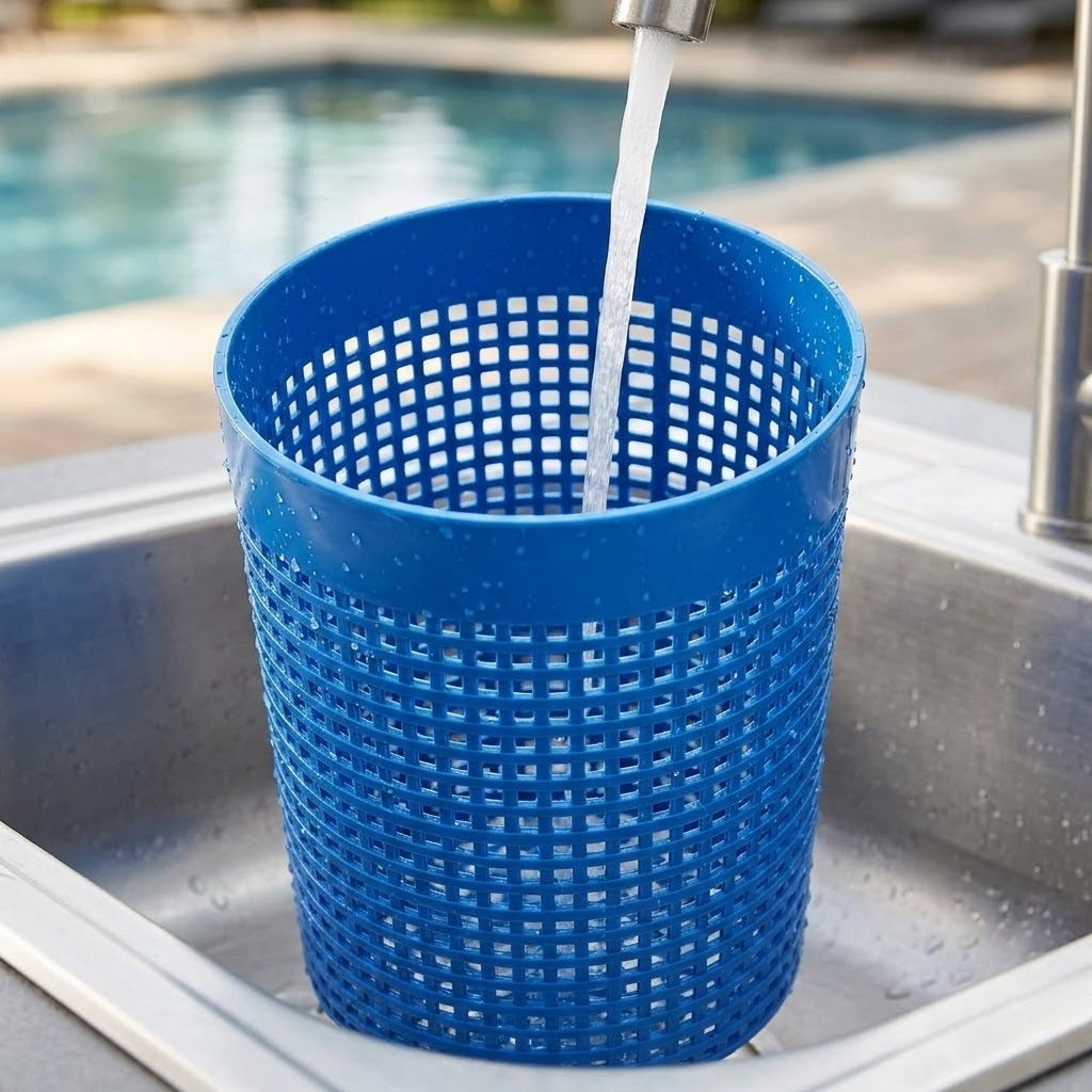 A blue plastic sink basket with a grid pattern sits in a stainless steel sink, with water running into it from a faucet. A swimming pool and outdoor patio are blurred in the background.