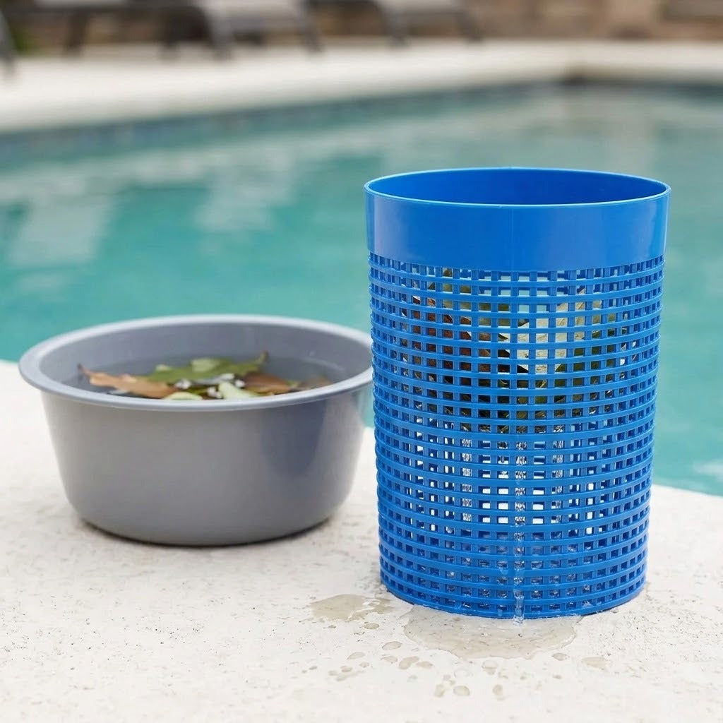 A blue cylindrical plastic trash can with a grid-patterned body stands on a concrete poolside surface next to a gray plastic basin.
